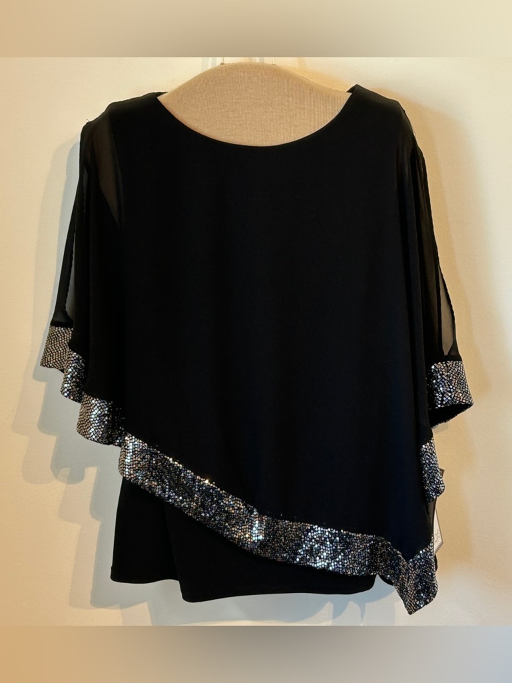 Embellished Asymmetrical Overlay Top Black Chiffon Sequin Trim NWT Macy's